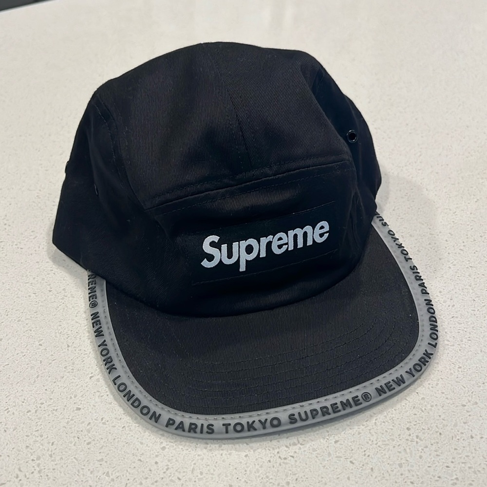 NWT Supreme black worldwide visor tape camp hat